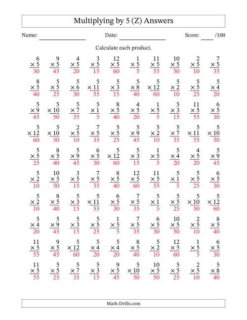 The Multiplying (1 to 12) by 5 (100 Questions) (Z) Math Worksheet Page 2