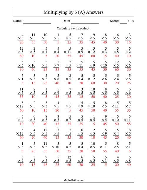 The Multiplying (1 to 12) by 5 (100 Questions) (All) Math Worksheet Page 2