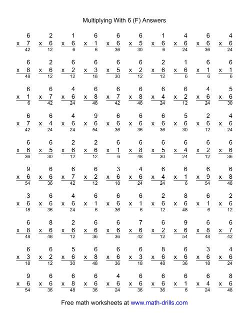 The 100 Vertical Questions -- Multiplication Facts -- 6 by 1-9 (F) Math Worksheet Page 2