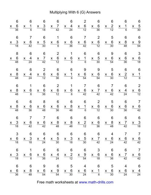 The 100 Vertical Questions -- Multiplication Facts -- 6 by 1-9 (G) Math Worksheet Page 2