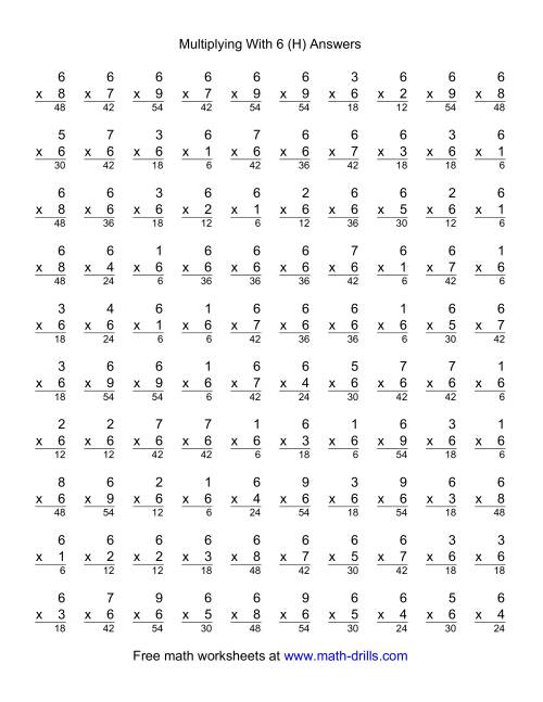 The 100 Vertical Questions -- Multiplication Facts -- 6 by 1-9 (H) Math Worksheet Page 2