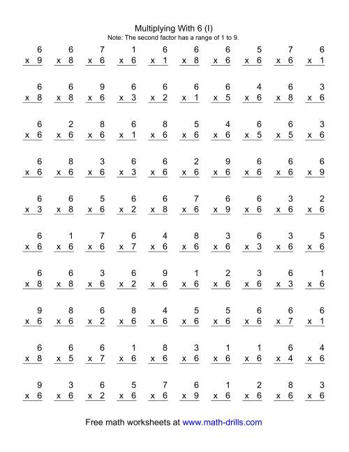 The 100 Vertical Questions -- Multiplication Facts -- 6 by 1-9 (I) Math Worksheet