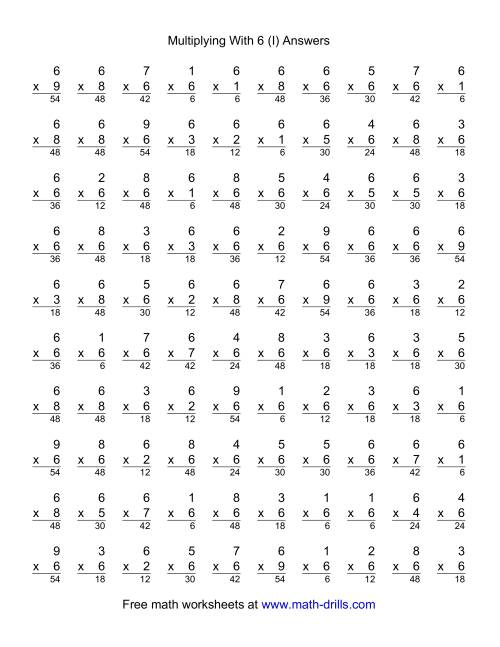 The 100 Vertical Questions -- Multiplication Facts -- 6 by 1-9 (I) Math Worksheet Page 2