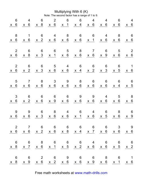 The 100 Vertical Questions -- Multiplication Facts -- 6 by 1-9 (K) Math Worksheet