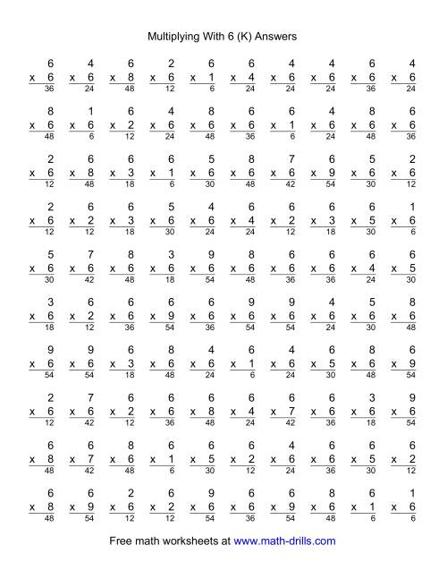 The 100 Vertical Questions -- Multiplication Facts -- 6 by 1-9 (K) Math Worksheet Page 2
