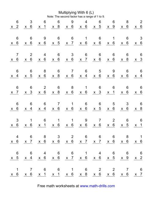 The 100 Vertical Questions -- Multiplication Facts -- 6 by 1-9 (L) Math Worksheet