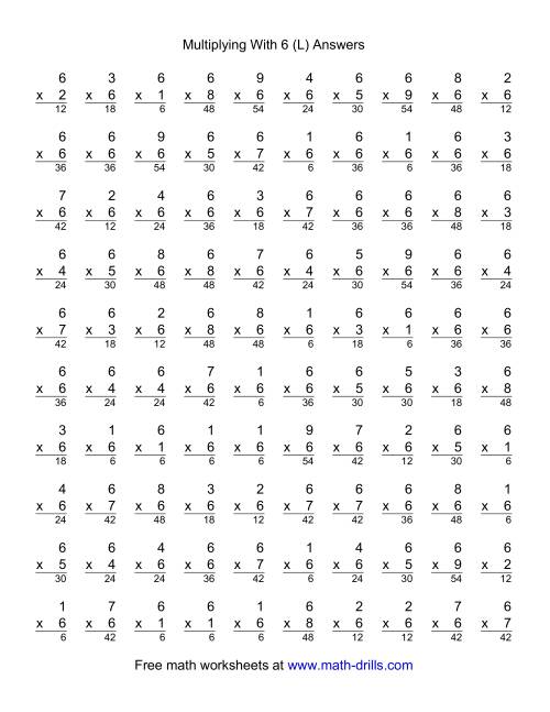 The 100 Vertical Questions -- Multiplication Facts -- 6 by 1-9 (L) Math Worksheet Page 2