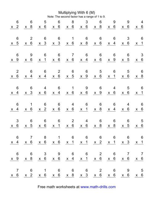 The 100 Vertical Questions -- Multiplication Facts -- 6 by 1-9 (M) Math Worksheet