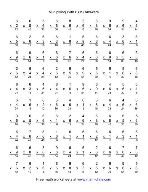 The 100 Vertical Questions -- Multiplication Facts -- 6 by 1-9 (M) Math Worksheet Page 2