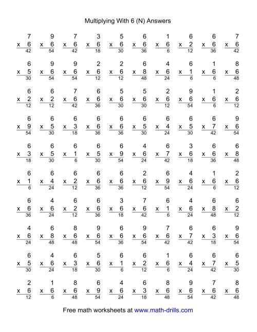 The 100 Vertical Questions -- Multiplication Facts -- 6 by 1-9 (N) Math Worksheet Page 2