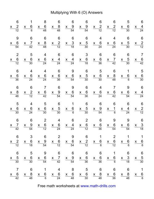 The 100 Vertical Questions -- Multiplication Facts -- 6 by 1-9 (O) Math Worksheet Page 2