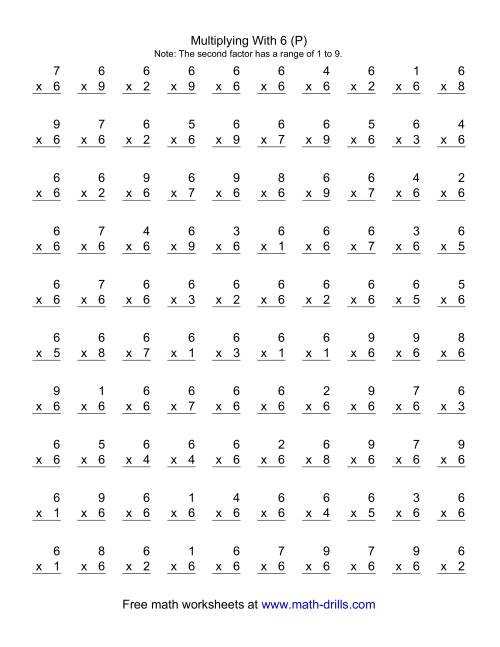 The 100 Vertical Questions -- Multiplication Facts -- 6 by 1-9 (P) Math Worksheet