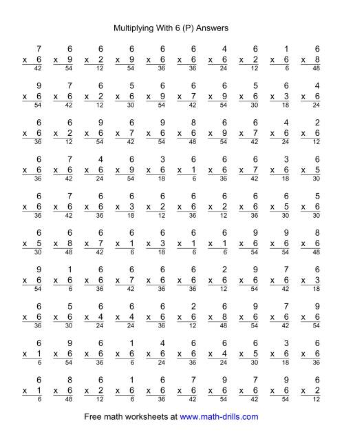 The 100 Vertical Questions -- Multiplication Facts -- 6 by 1-9 (P) Math Worksheet Page 2