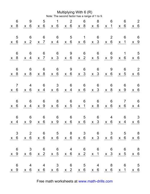 The 100 Vertical Questions -- Multiplication Facts -- 6 by 1-9 (R) Math Worksheet