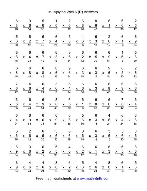The 100 Vertical Questions -- Multiplication Facts -- 6 by 1-9 (R) Math Worksheet Page 2