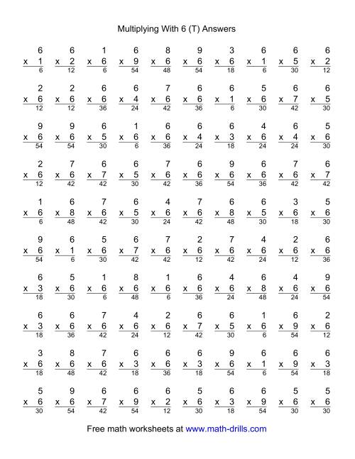 The 100 Vertical Questions -- Multiplication Facts -- 6 by 1-9 (T) Math Worksheet Page 2