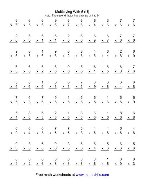 The 100 Vertical Questions -- Multiplication Facts -- 6 by 1-9 (U) Math Worksheet