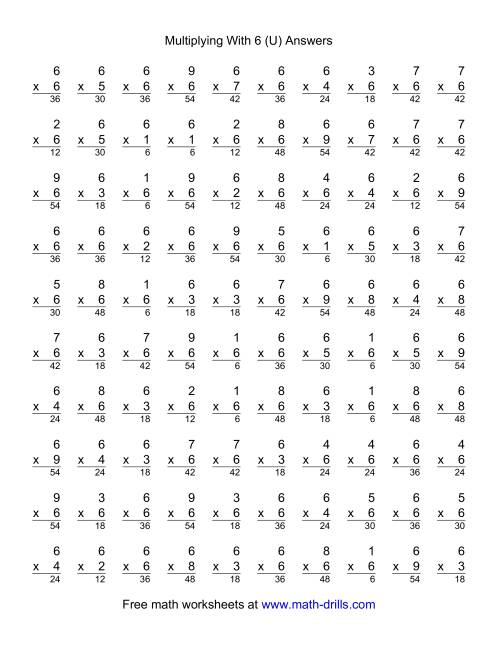 The 100 Vertical Questions -- Multiplication Facts -- 6 by 1-9 (U) Math Worksheet Page 2