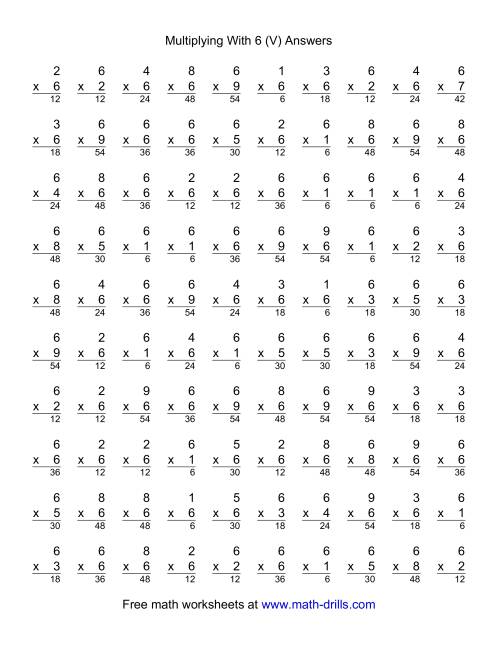 The 100 Vertical Questions -- Multiplication Facts -- 6 by 1-9 (V) Math Worksheet Page 2