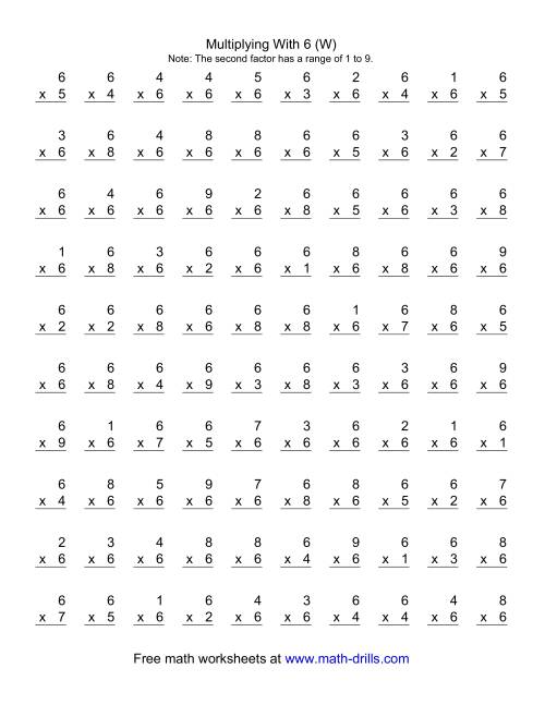 The 100 Vertical Questions -- Multiplication Facts -- 6 by 1-9 (W) Math Worksheet