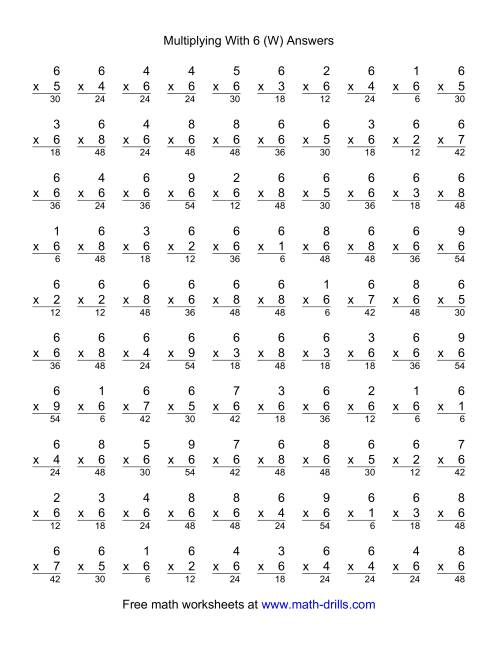 The 100 Vertical Questions -- Multiplication Facts -- 6 by 1-9 (W) Math Worksheet Page 2