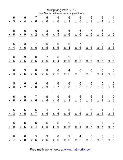 The 100 Vertical Questions -- Multiplication Facts -- 6 by 1-9 (X) Math Worksheet