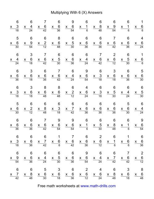 The 100 Vertical Questions -- Multiplication Facts -- 6 by 1-9 (X) Math Worksheet Page 2
