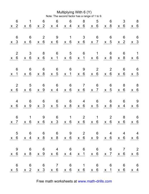 The 100 Vertical Questions -- Multiplication Facts -- 6 by 1-9 (Y) Math Worksheet