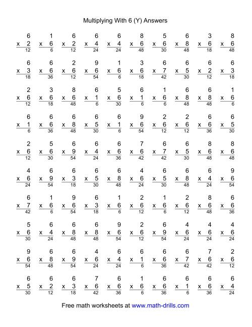 The 100 Vertical Questions -- Multiplication Facts -- 6 by 1-9 (Y) Math Worksheet Page 2