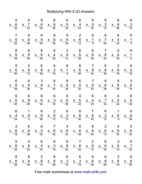 The 100 Vertical Questions -- Multiplication Facts -- 6 by 1-9 (Z) Math Worksheet Page 2
