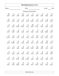 Multiplying (1 to 12) by 6 (100 Questions)