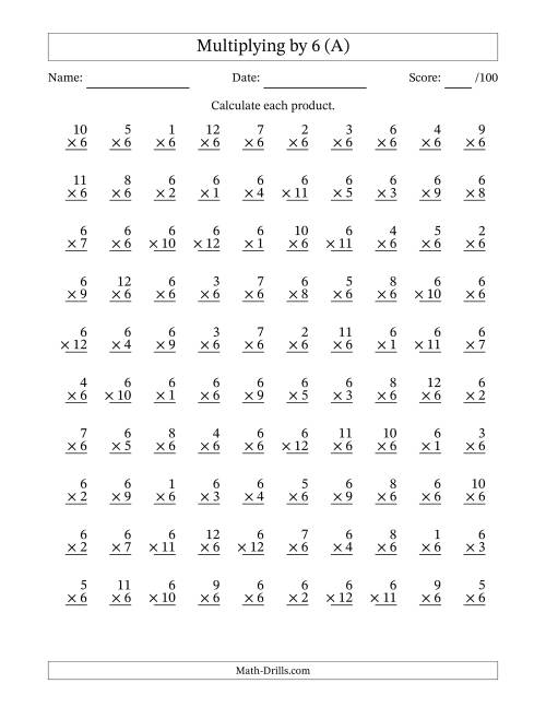 The Multiplying (1 to 12) by 6 (100 Questions) (A) Math Worksheet