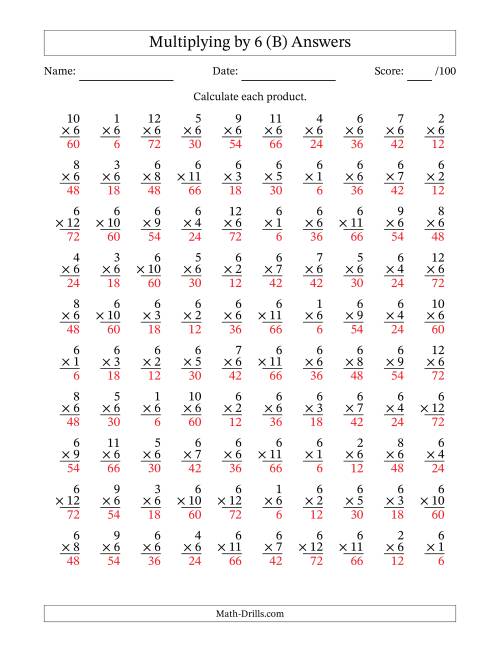 The Multiplying (1 to 12) by 6 (100 Questions) (B) Math Worksheet Page 2