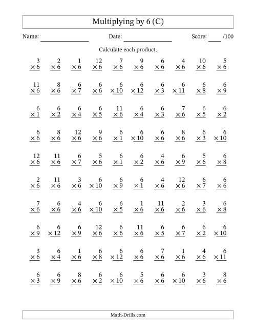 The Multiplying (1 to 12) by 6 (100 Questions) (C) Math Worksheet