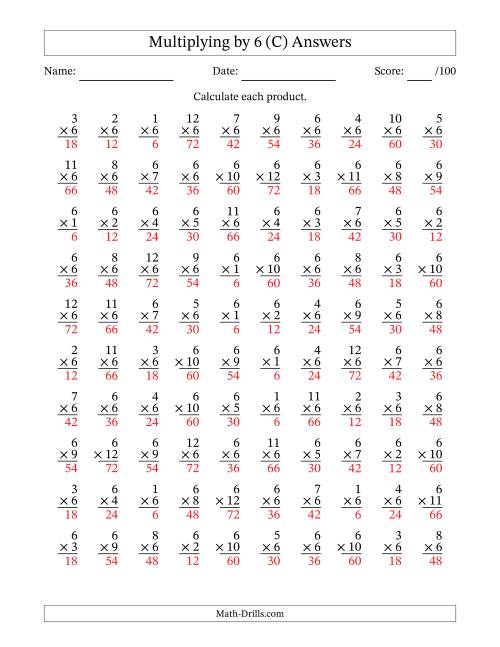 The Multiplying (1 to 12) by 6 (100 Questions) (C) Math Worksheet Page 2