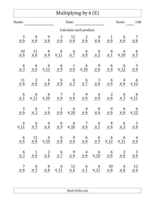 The Multiplying (1 to 12) by 6 (100 Questions) (E) Math Worksheet