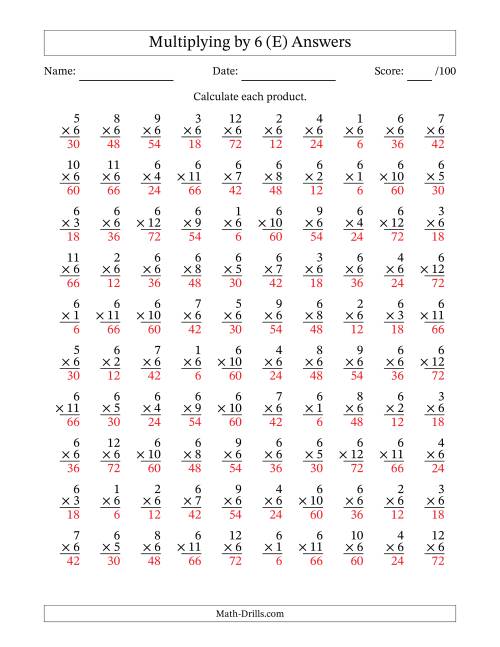 The Multiplying (1 to 12) by 6 (100 Questions) (E) Math Worksheet Page 2