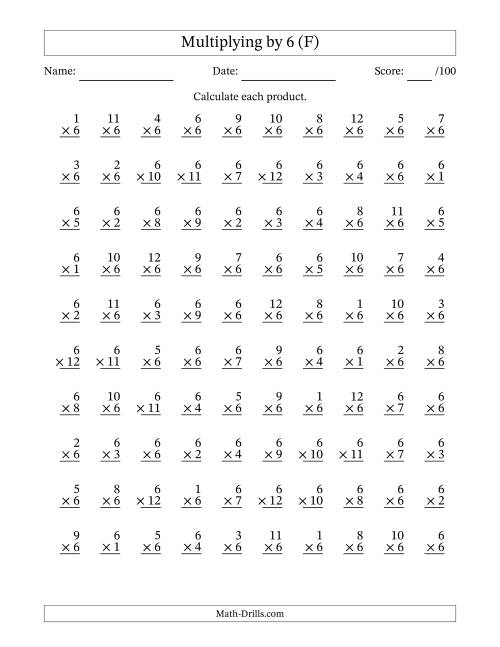 The Multiplying (1 to 12) by 6 (100 Questions) (F) Math Worksheet