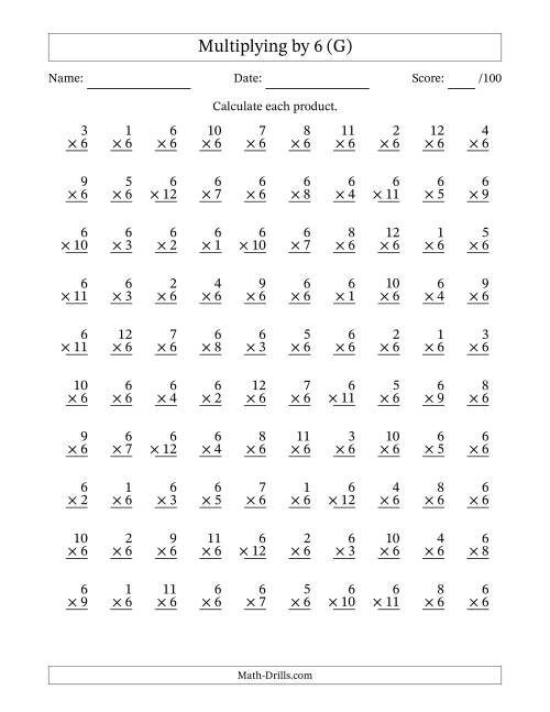 The Multiplying (1 to 12) by 6 (100 Questions) (G) Math Worksheet