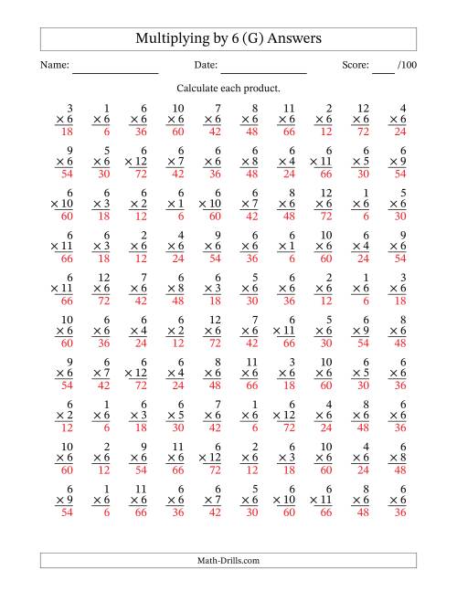 The Multiplying (1 to 12) by 6 (100 Questions) (G) Math Worksheet Page 2