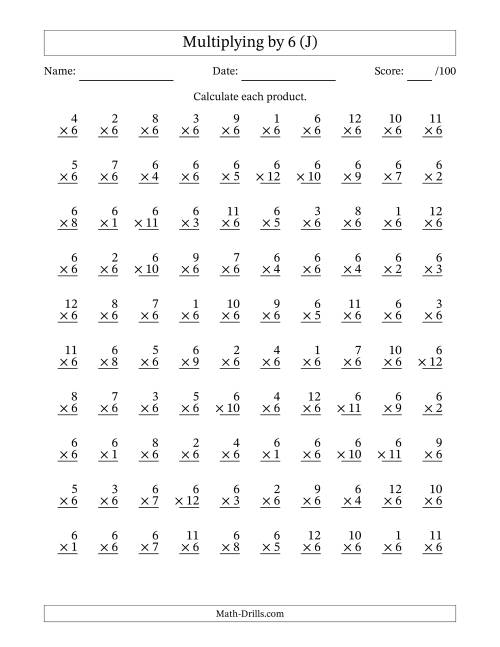 The Multiplying (1 to 12) by 6 (100 Questions) (J) Math Worksheet