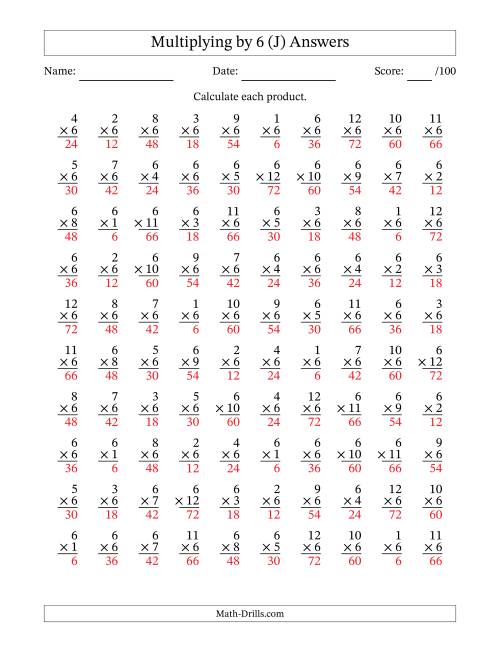 The Multiplying (1 to 12) by 6 (100 Questions) (J) Math Worksheet Page 2