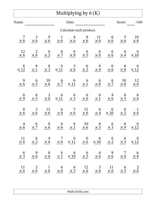 The Multiplying (1 to 12) by 6 (100 Questions) (K) Math Worksheet