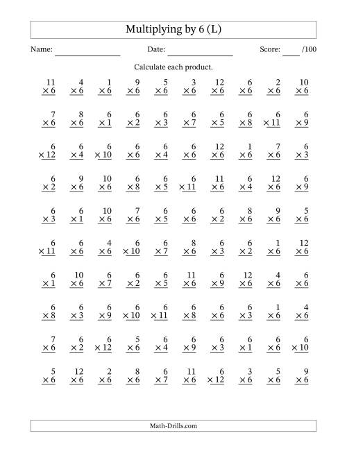 The Multiplying (1 to 12) by 6 (100 Questions) (L) Math Worksheet