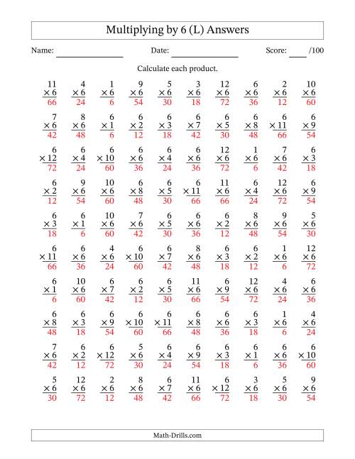 The Multiplying (1 to 12) by 6 (100 Questions) (L) Math Worksheet Page 2