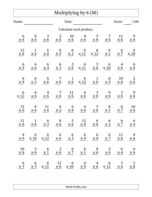 The Multiplying (1 to 12) by 6 (100 Questions) (M) Math Worksheet