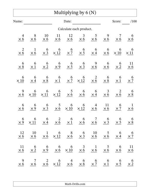 The Multiplying (1 to 12) by 6 (100 Questions) (N) Math Worksheet