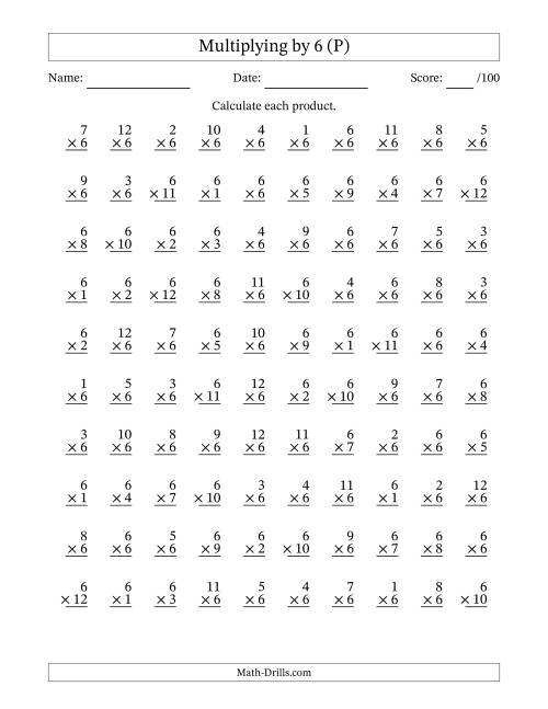 The Multiplying (1 to 12) by 6 (100 Questions) (P) Math Worksheet