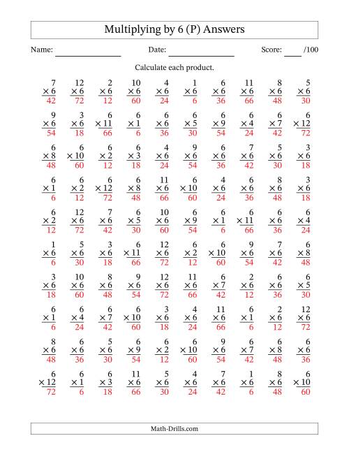 The Multiplying (1 to 12) by 6 (100 Questions) (P) Math Worksheet Page 2