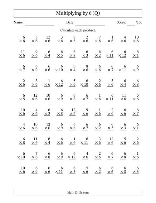 The Multiplying (1 to 12) by 6 (100 Questions) (Q) Math Worksheet